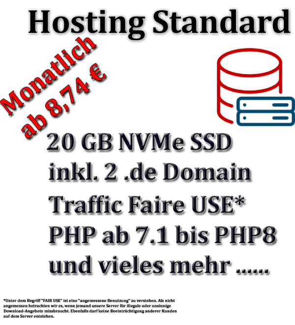 Webhosting Standard 20 GB inkl. 2 de Domains Unser Webhosting Standard bietet eine kostengünstige Lösung für Unternehmen, die eine zuverlässige Online-Präsenz benötigen.